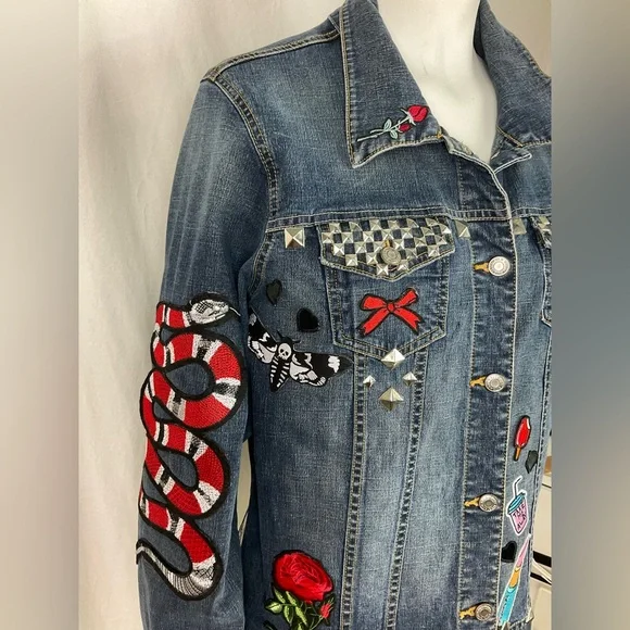 Embellished Patchwork Beaded Denim Jean Jacket Upcycled Jean Jacket Size XXL - Picture 4 of 10
